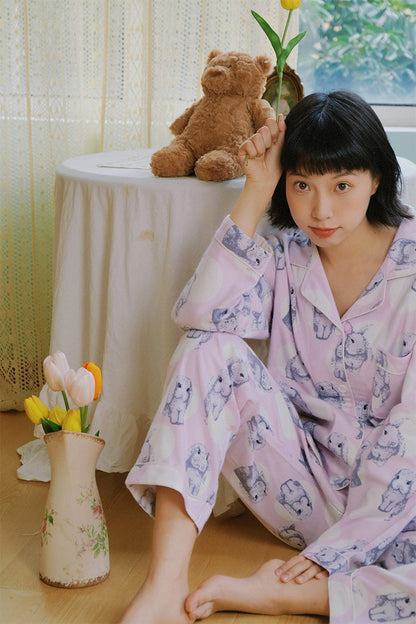 Happy bunny pajamas, Cute Rabbit print PJS, Animal lovers loungewear, Cotton made sleepwear