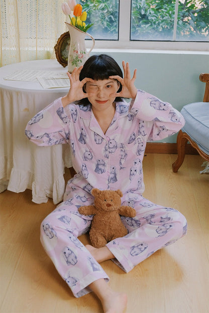 Happy bunny pajamas, Cute Rabbit print PJS, Animal lovers loungewear, Cotton made sleepwear