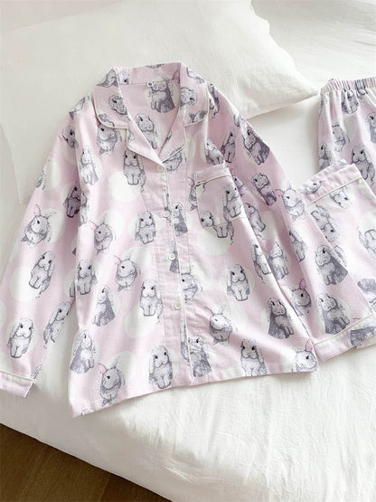 Happy bunny pajamas, Cute Rabbit print PJS, Animal lovers loungewear, Cotton made sleepwear