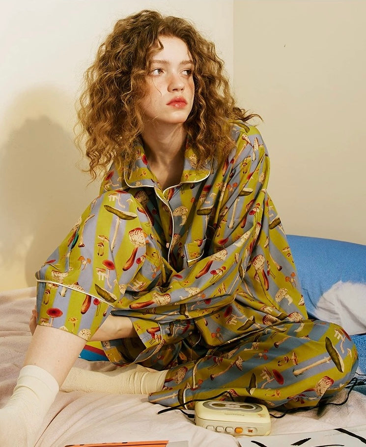 Mushroom print Women pajamas, Striped PJS, Bridesmaid proposal, Soft homewear, Loungewear for travel