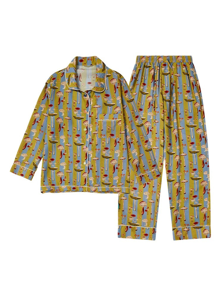 Mushroom print Women pajamas, Striped PJS, Bridesmaid proposal, Soft homewear, Loungewear for travel