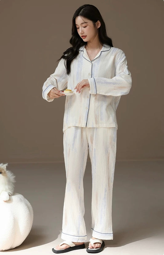 Organic Cotton Beige Pajamas, Long Sleeve Shirt and Pants, Soft loungewear