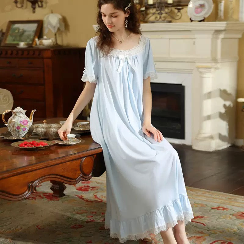 French Romantic Lace Cotton Nightgown, Vintage-Inspired Long Sleep Dress