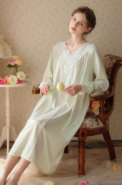 Graceful Green V-Neck Dress, A Vintage Victorian Nightgown, Comfort and Timeless Elegance, Bridal Loungewear