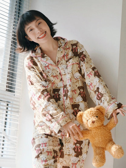 Cute Bear Patterned Pajama Set - 100% Cotton, Animal Print Sleepwear, Preppy Style PJ's, Perfect Gift for Her