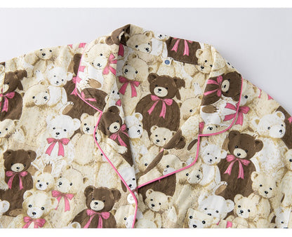 Cute Bear Patterned Pajama Set - 100% Cotton, Animal Print Sleepwear, Preppy Style PJ's, Perfect Gift for Her