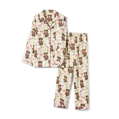 Cute Bear Patterned Pajama Set - 100% Cotton, Animal Print Sleepwear, Preppy Style PJ's, Perfect Gift for Her