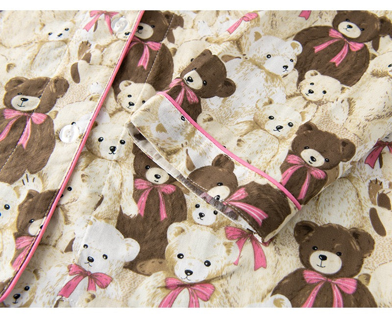 Cute Bear Patterned Pajama Set - 100% Cotton, Animal Print Sleepwear, Preppy Style PJ's, Perfect Gift for Her