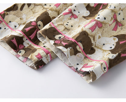 Cute Bear Patterned Pajama Set - 100% Cotton, Animal Print Sleepwear, Preppy Style PJ's, Perfect Gift for Her