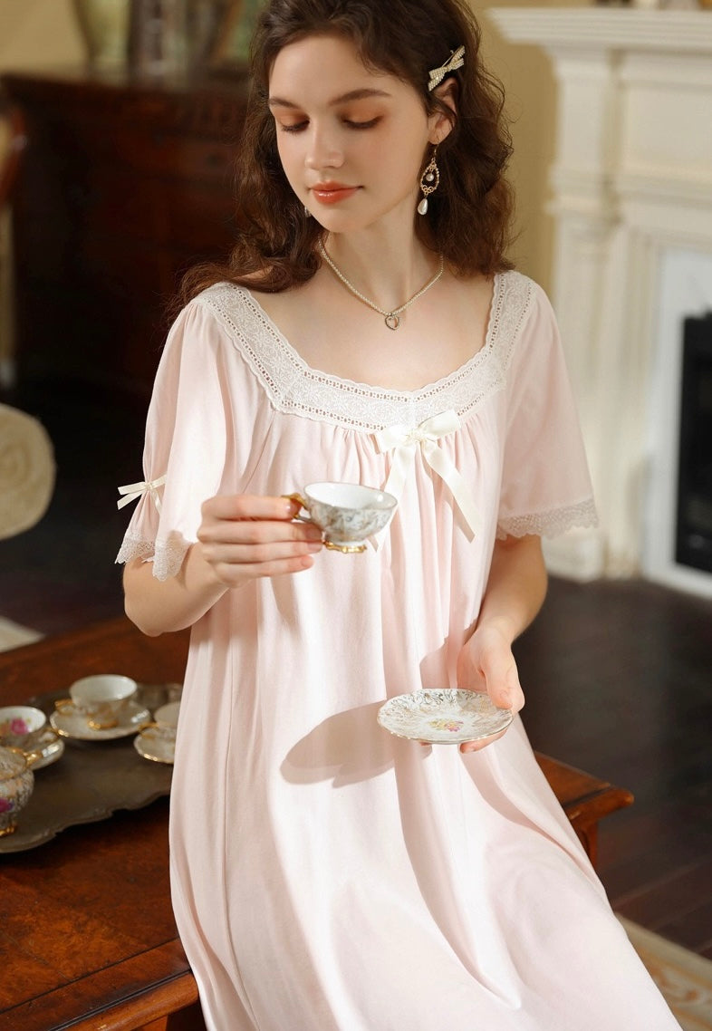 French Romantic Lace Cotton Nightgown, Vintage-Inspired Long Sleep Dress