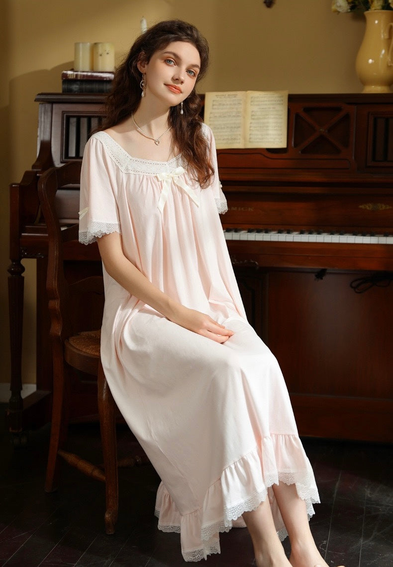 French Romantic Lace Cotton Nightgown, Vintage-Inspired Long Sleep Dress