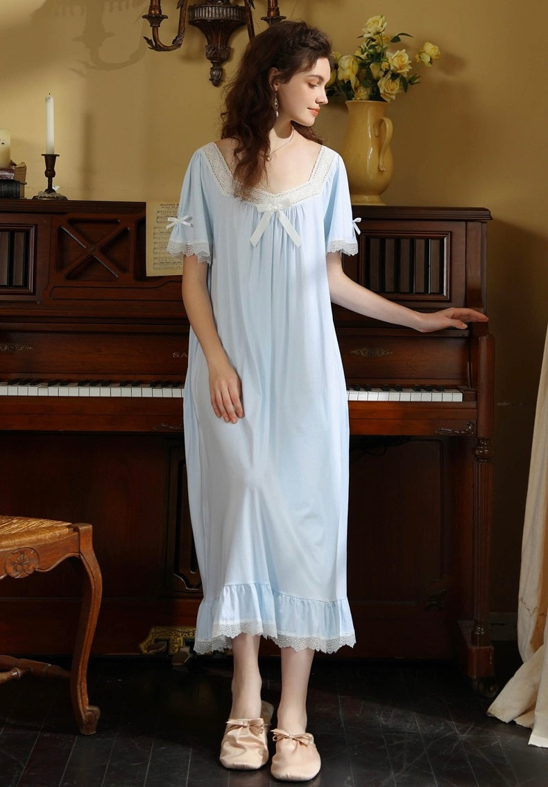 French Romantic Lace Cotton Nightgown, Vintage-Inspired Long Sleep Dress