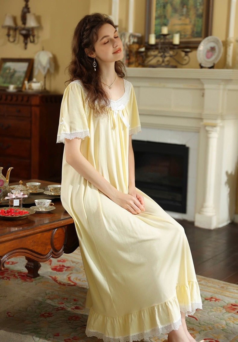 French Romantic Lace Cotton Nightgown, Vintage-Inspired Long Sleep Dress
