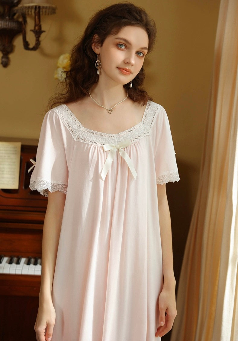 French Romantic Lace Cotton Nightgown, Vintage-Inspired Long Sleep Dress