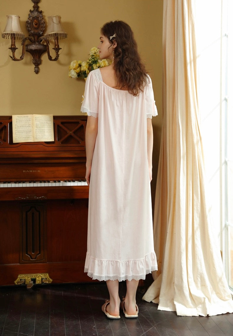 French Romantic Lace Cotton Nightgown, Vintage-Inspired Long Sleep Dress