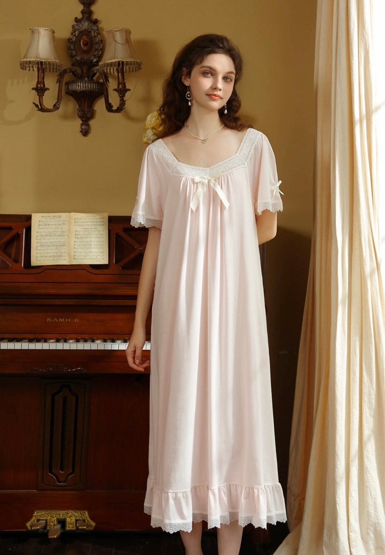 French Romantic Lace Cotton Nightgown, Vintage-Inspired Long Sleep Dress