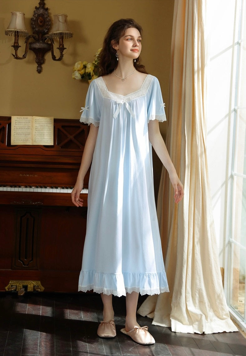 French Romantic Lace Cotton Nightgown, Vintage-Inspired Long Sleep Dress