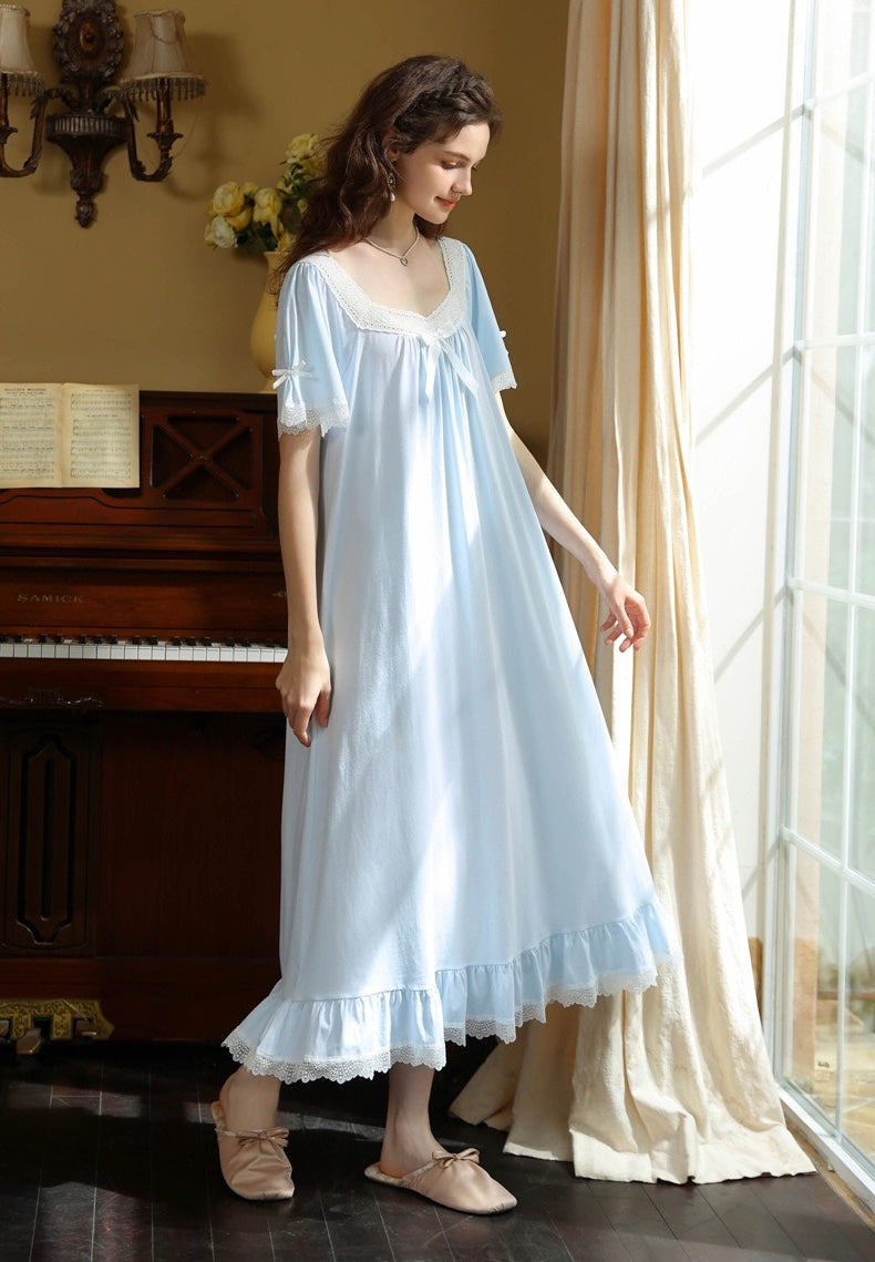 French Romantic Lace Cotton Nightgown, Vintage-Inspired Long Sleep Dress