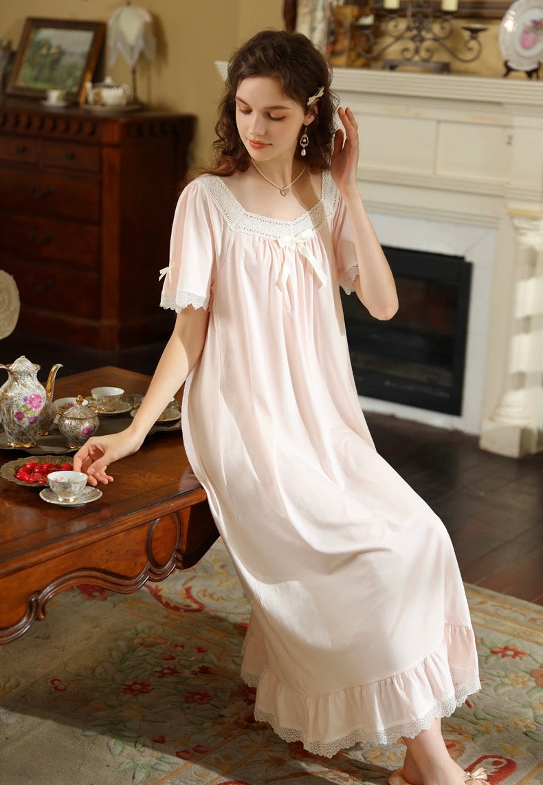 French Romantic Lace Cotton Nightgown, Vintage-Inspired Long Sleep Dress