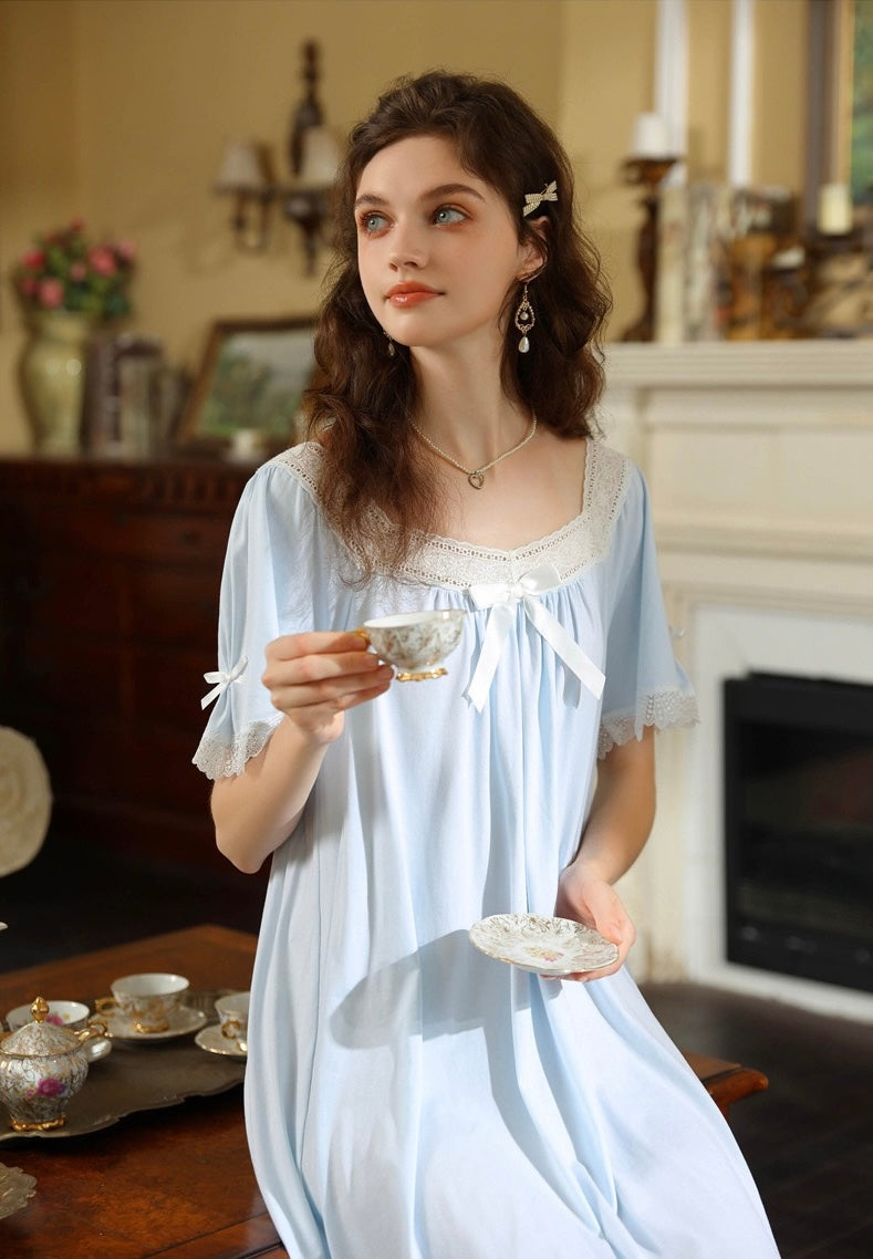 French Romantic Lace Cotton Nightgown, Vintage-Inspired Long Sleep Dress