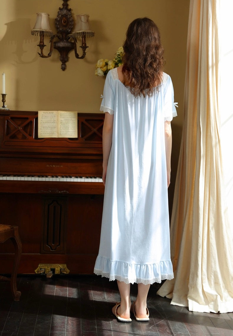 French Romantic Lace Cotton Nightgown, Vintage-Inspired Long Sleep Dress