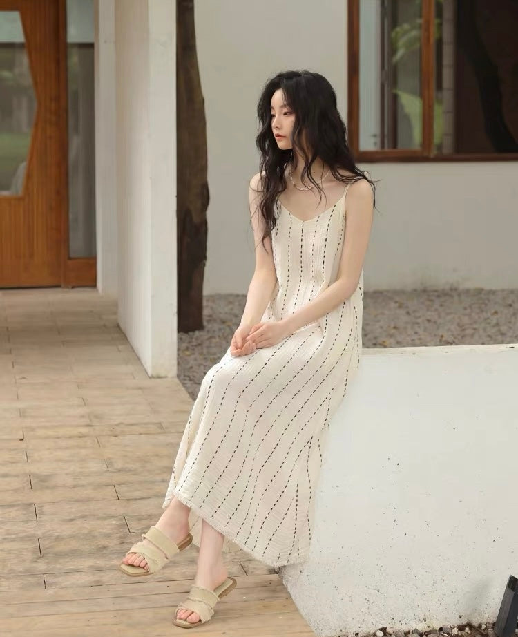 Ivory Dotted Stripe Cotton Gauze Maxi Dress