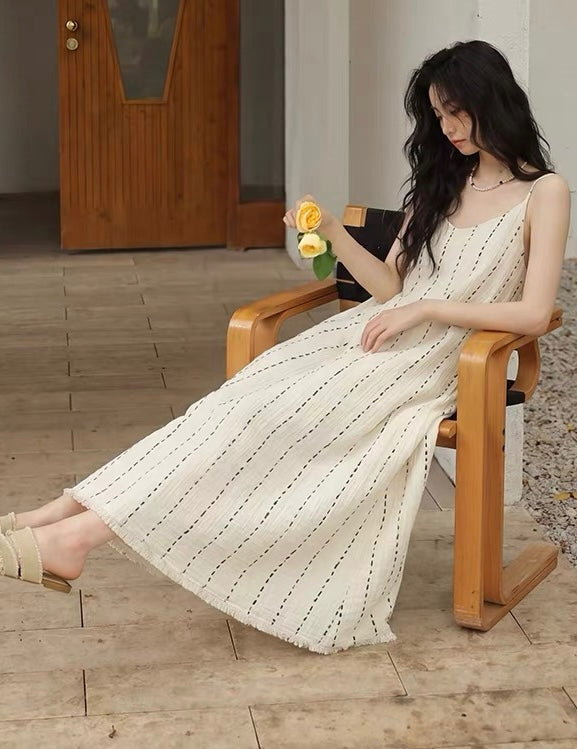 Ivory Dotted Stripe Cotton Gauze Maxi Dress