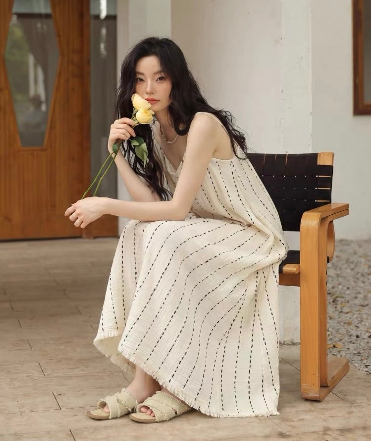 Ivory Dotted Stripe Cotton Gauze Maxi Dress