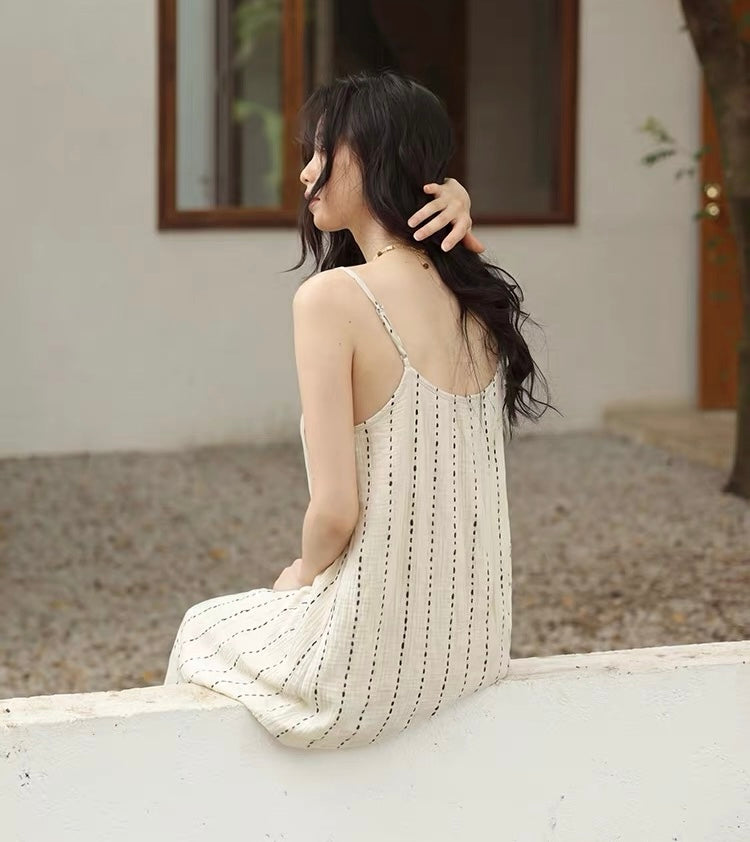 Ivory Dotted Stripe Cotton Gauze Maxi Dress