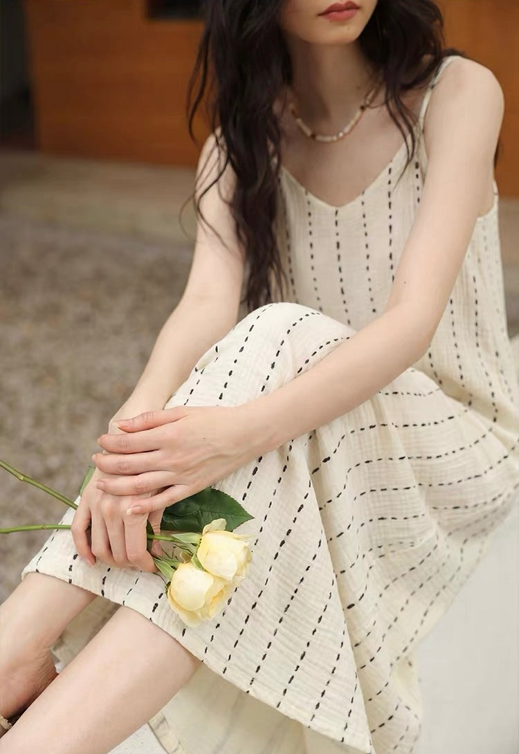 Ivory Dotted Stripe Cotton Gauze Maxi Dress
