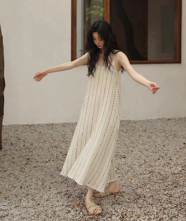 Ivory Dotted Stripe Cotton Gauze Maxi Dress