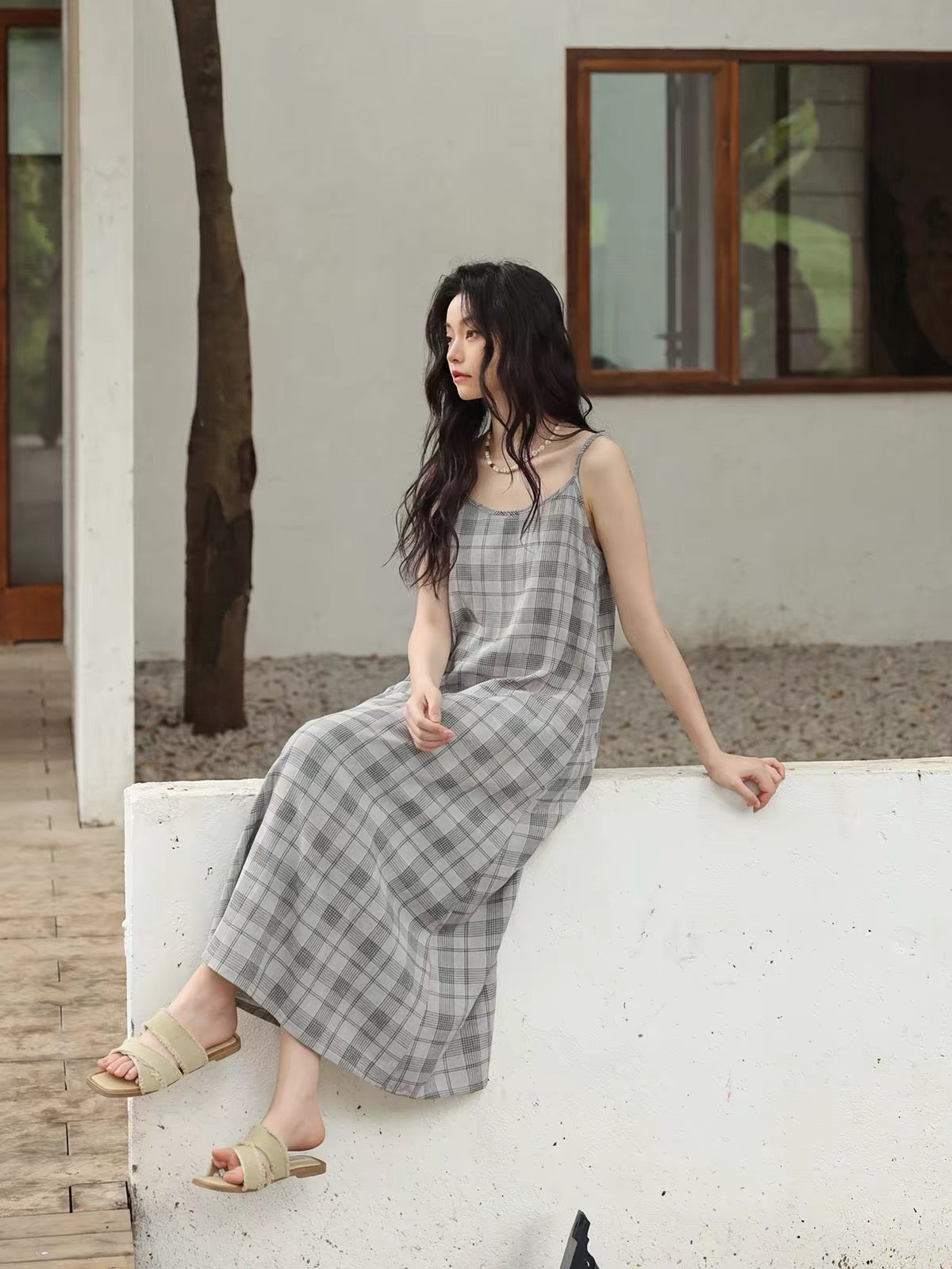 Relaxed Gray Plaid Spaghetti Strap Maxi Dress