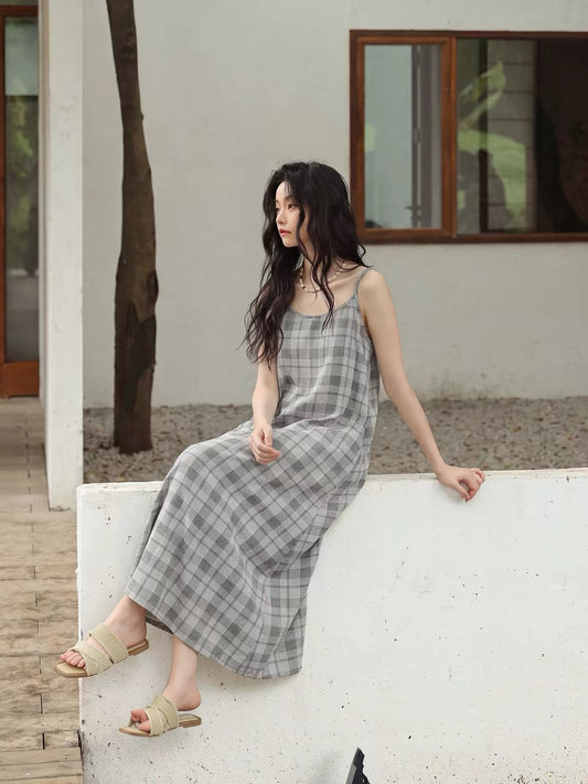 Ivory Relaxed Gray Plaid Spaghetti Strap Maxi Dress