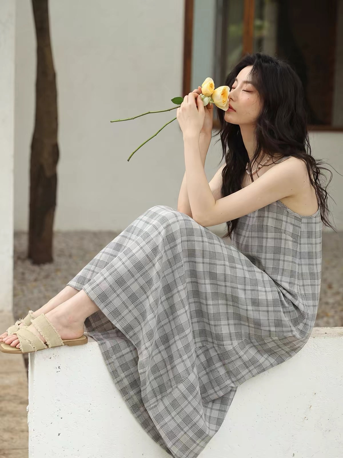 Relaxed Gray Plaid Spaghetti Strap Maxi Dress
