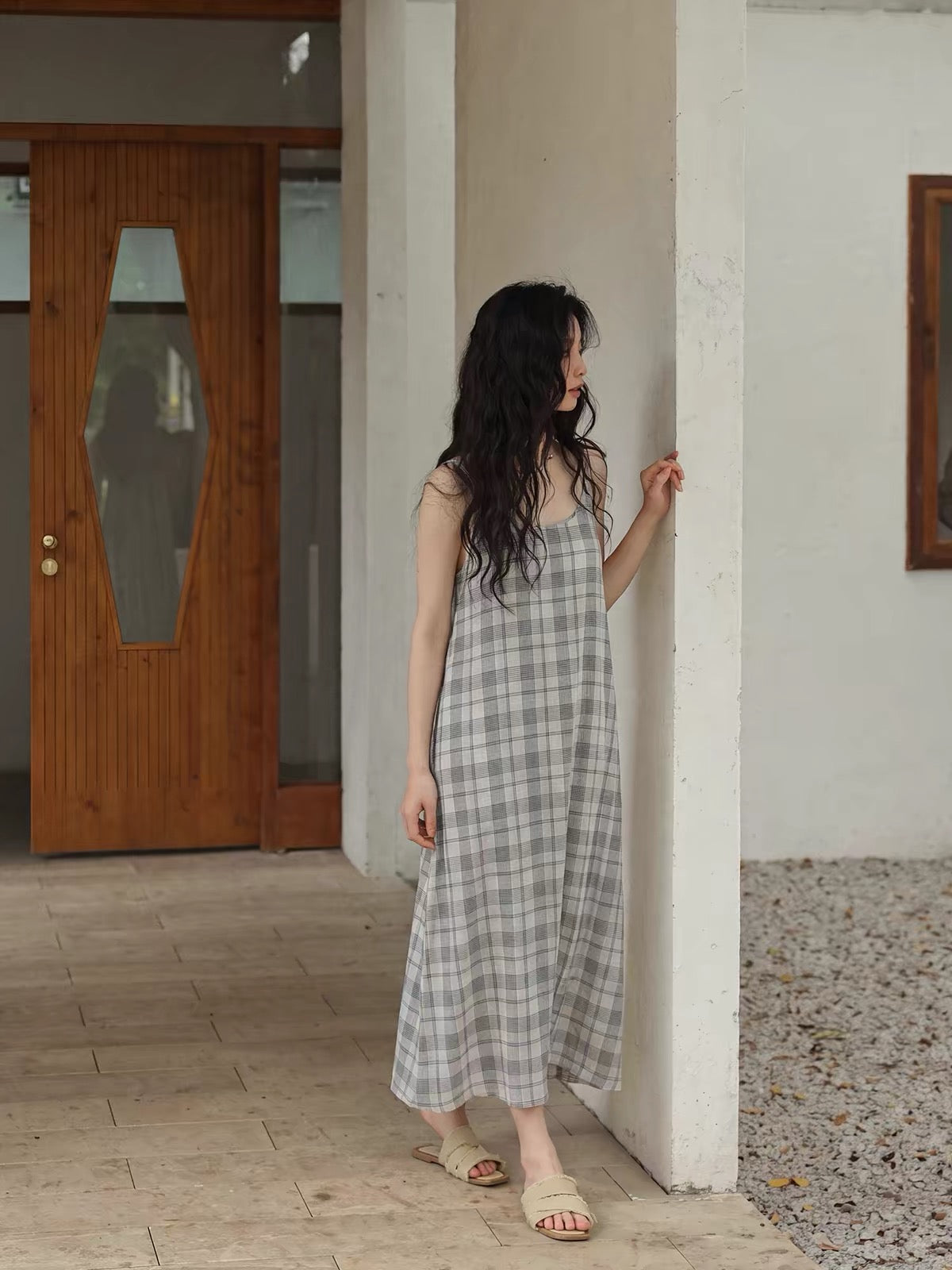 Relaxed Gray Plaid Spaghetti Strap Maxi Dress