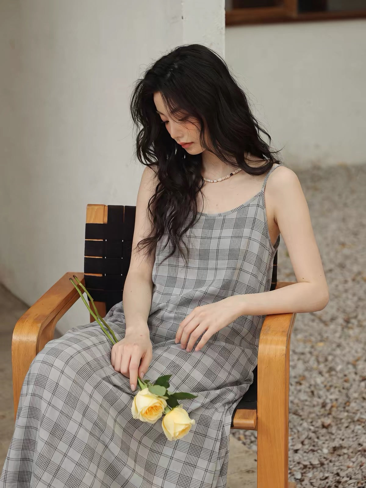 Relaxed Gray Plaid Spaghetti Strap Maxi Dress