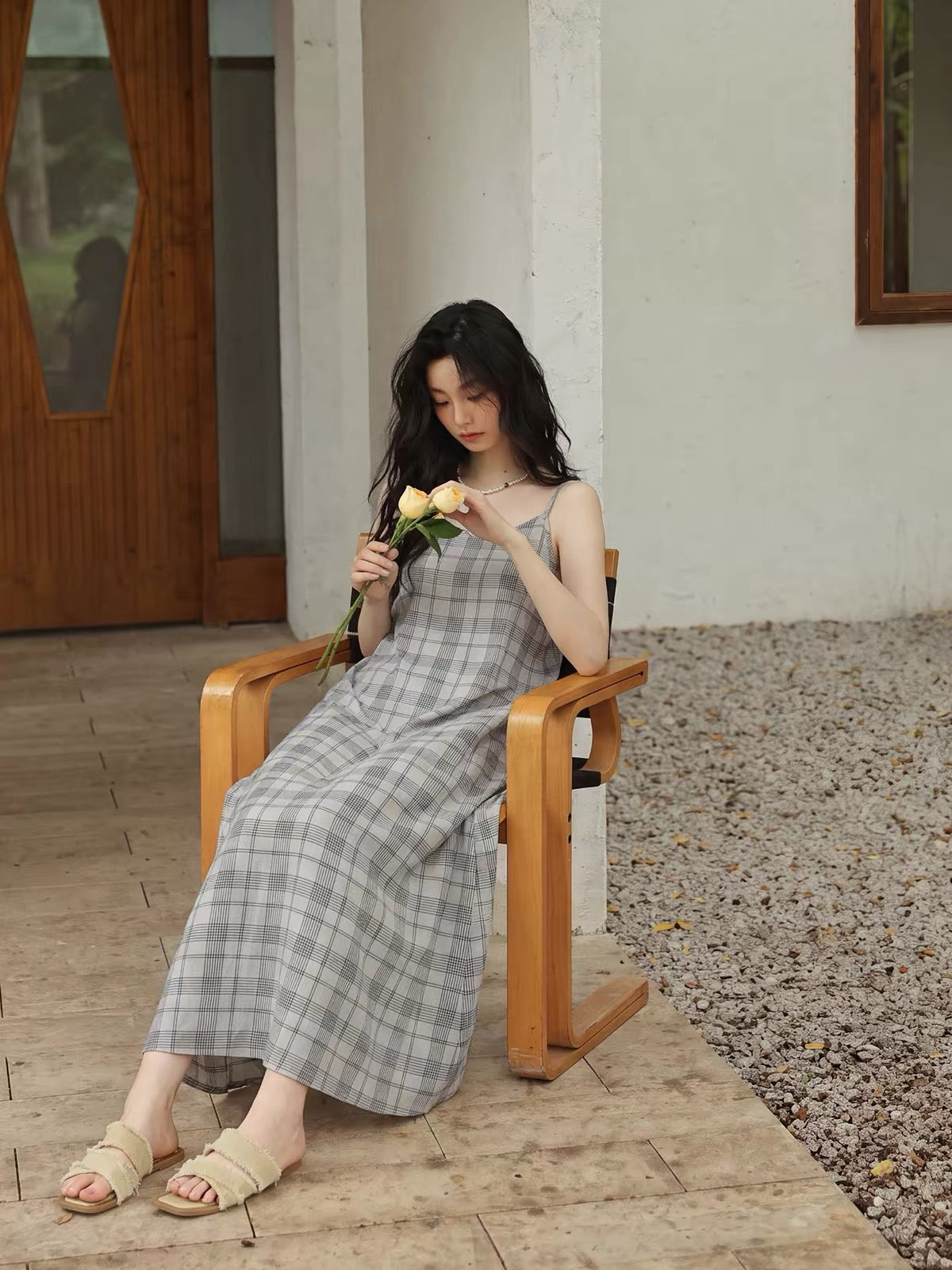 Relaxed Gray Plaid Spaghetti Strap Maxi Dress