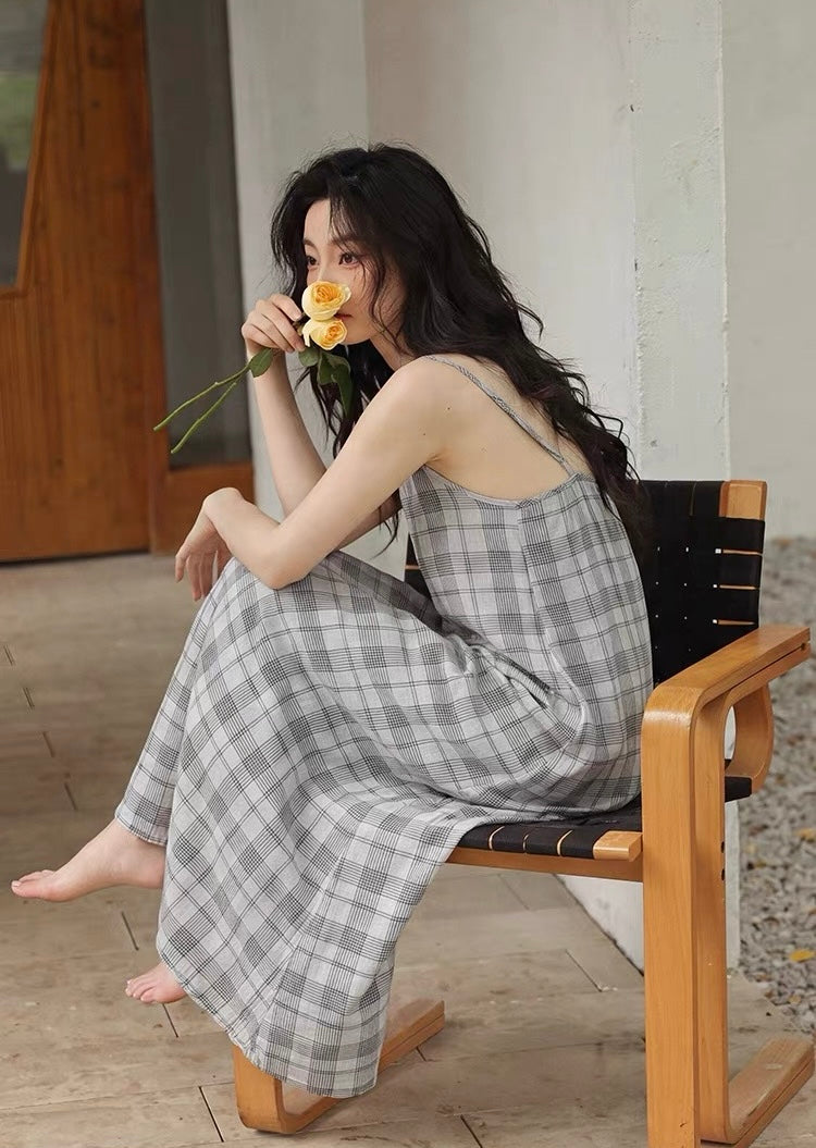 Relaxed Gray Plaid Spaghetti Strap Maxi Dress