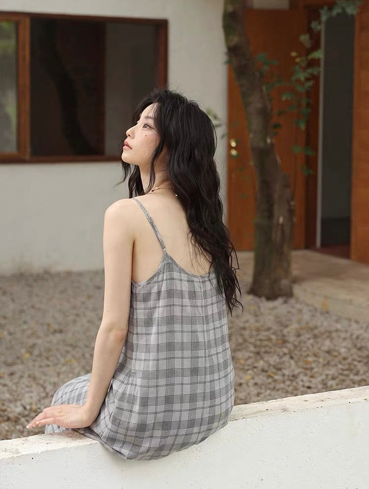 Relaxed Gray Plaid Spaghetti Strap Maxi Dress