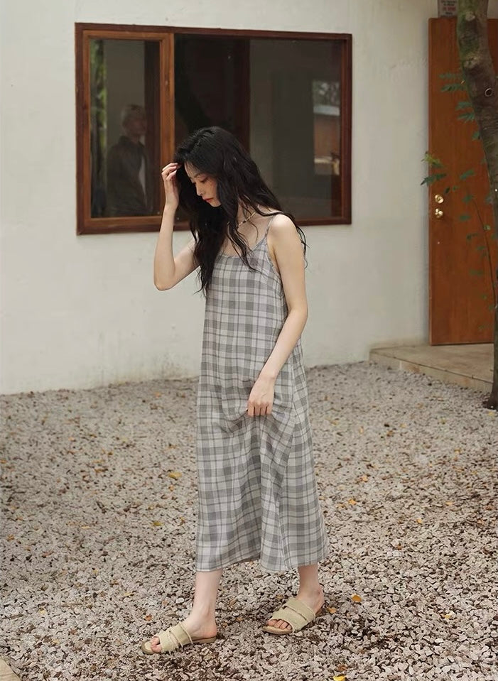 Relaxed Gray Plaid Spaghetti Strap Maxi Dress