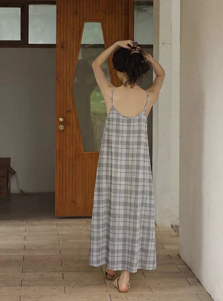 Relaxed Gray Plaid Spaghetti Strap Maxi Dress