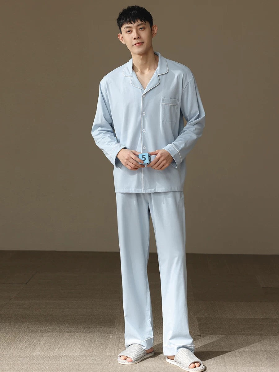 Men Blue PJ Set: 100% Cotton Men's Pyjamas, Minimalist Men Soft Loungewear, Handmade Gift For Him