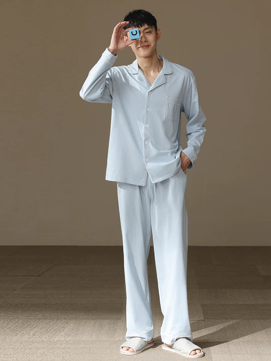 Men Blue PJ Set: 100% Cotton Men's Pyjamas, Minimalist Men Soft Loungewear, Handmade Gift For Him