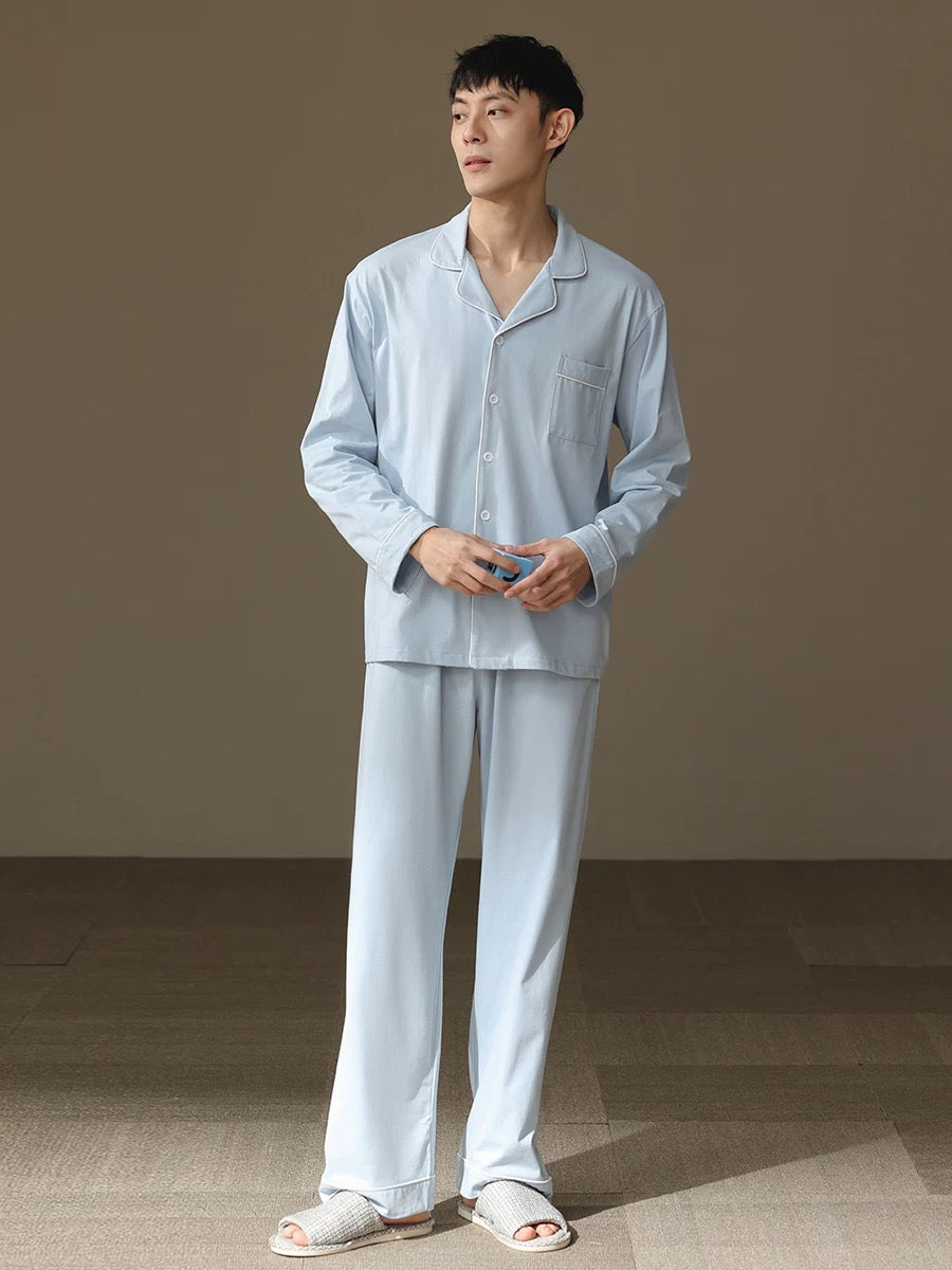 Men Blue PJ Set: 100% Cotton Men's Pyjamas, Minimalist Men Soft Loungewear, Handmade Gift For Him
