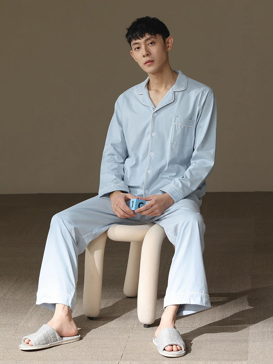 Men Blue PJ Set: 100% Cotton Men's Pyjamas, Minimalist Men Soft Loungewear, Handmade Gift For Him
