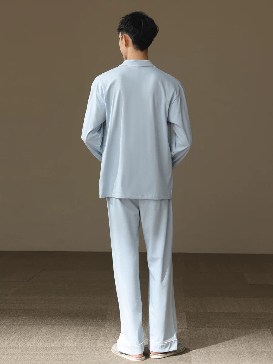 Men Blue PJ Set: 100% Cotton Men's Pyjamas, Minimalist Men Soft Loungewear, Handmade Gift For Him