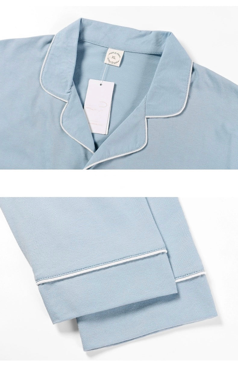 Men Blue PJ Set: 100% Cotton Men's Pyjamas, Minimalist Men Soft Loungewear, Handmade Gift For Him