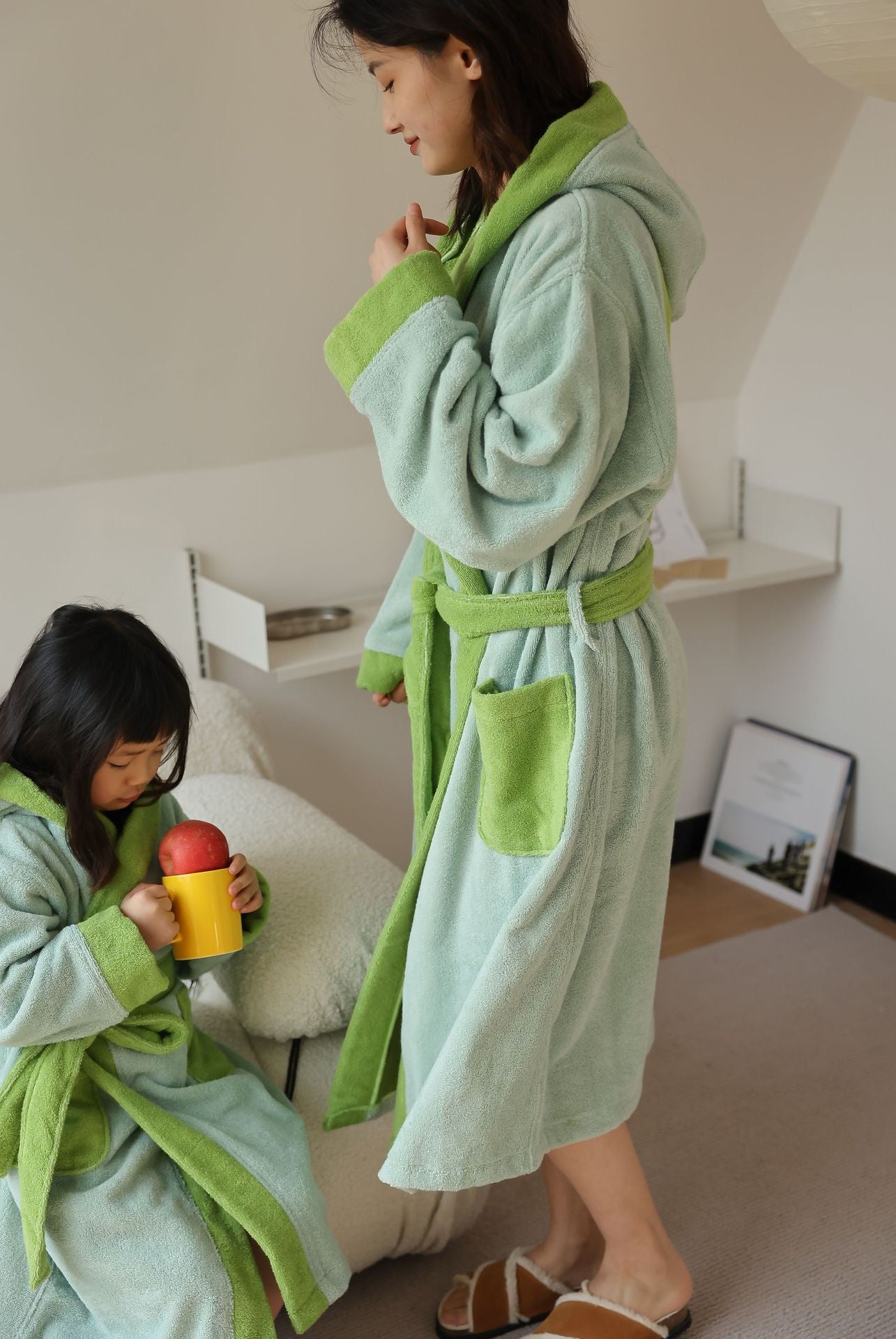 Family Matching Cotton Bathrobe | Soft Green Hooded Home Robe