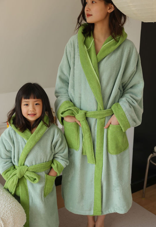 Family Matching Cotton Bathrobe | Soft Green Hooded Home Robe