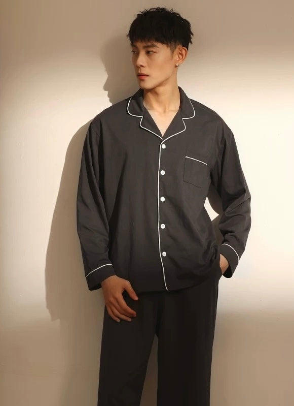 Charcoal Gray Men's PJ Set: 100% Cotton Pyjamas, Minimalist Shirt and Pants for Men, Perfect for Travel, Gift For Him